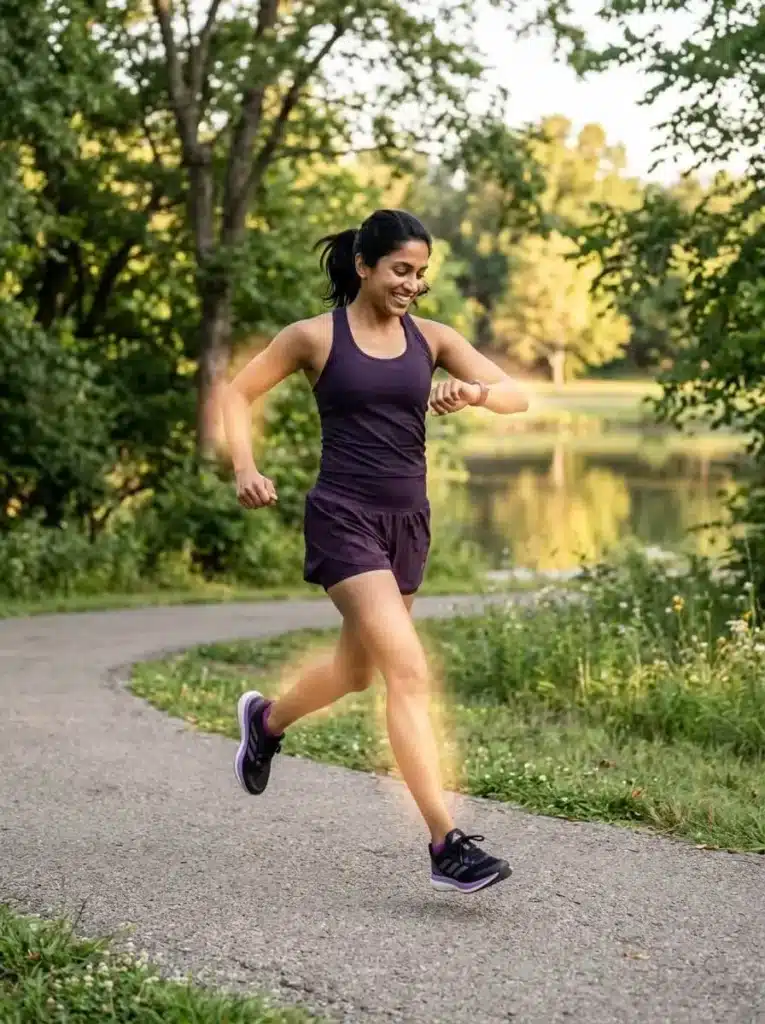 South Asian woman running with a happy expression in a Richardson park, showing freedom of movement in arm and leg