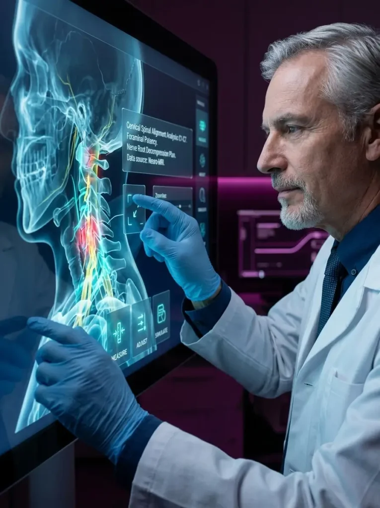 Specialist doctor reviewing high-tech cervical spine scans for a Carrollton patient.