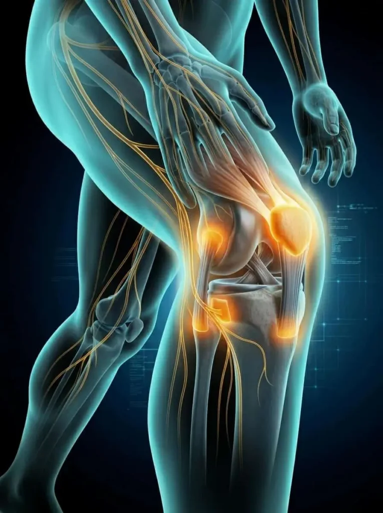 Specialized-medical-illustration-showing-a-glowing-network-of-neurological-pathways-in-a-limb-for-precision-leg-and-arm-pain-treatments hurst tx