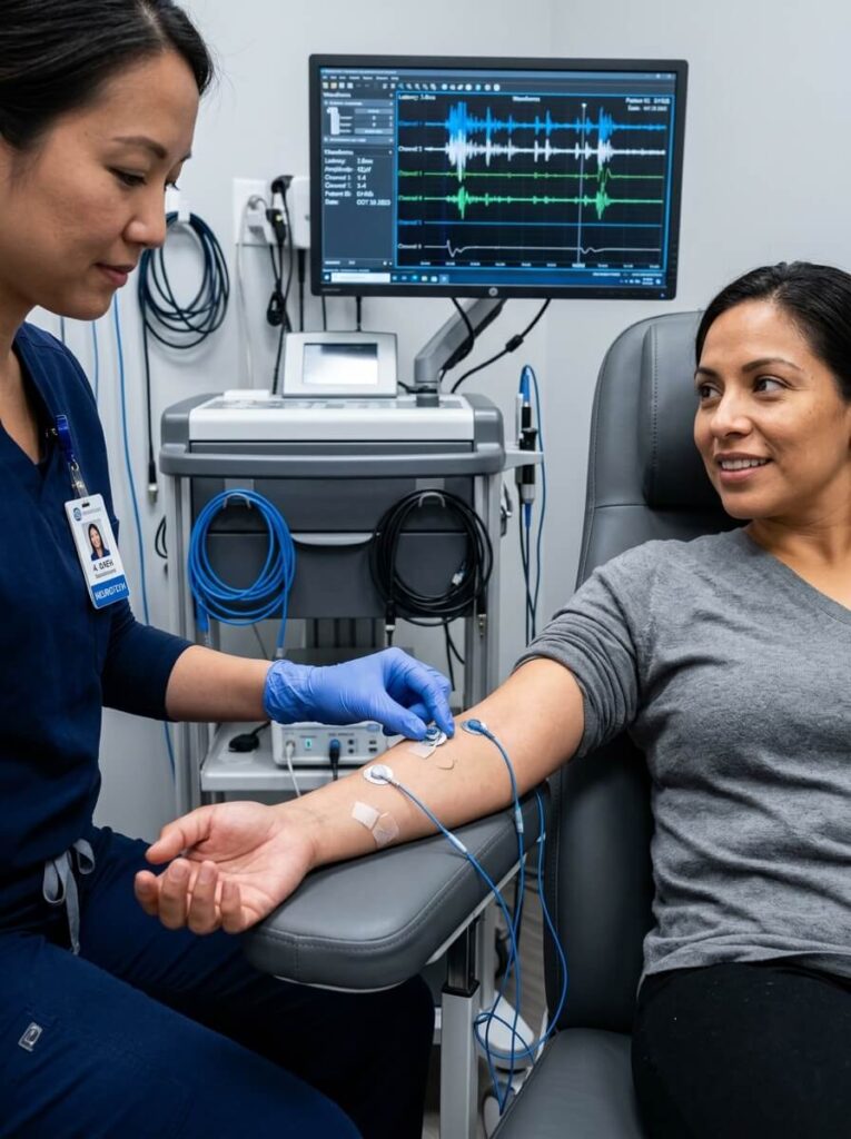 Medical technician applying an electrode to a patient's forearm for an advanced Electromyography (EMG) diagnostic test to pinpoint nerve pain