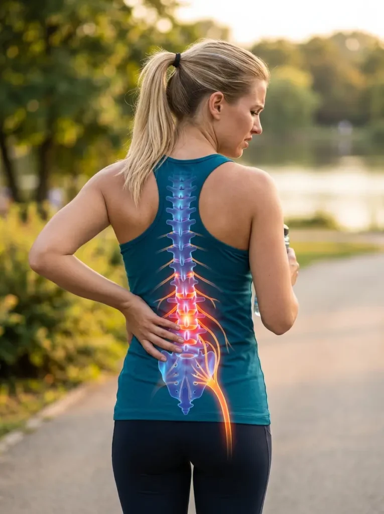Photograph of a woman in a park setting from behind, holding her lower back with a distinctive visual overlay showing a glowing, inflamed spine graphic, highlighting spinal and arthritic pain conditions