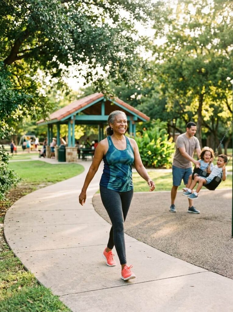 Active older woman walking briskly and smiling on a sunny park trail, representing restored mobility after non-surgical joint and spine treatment