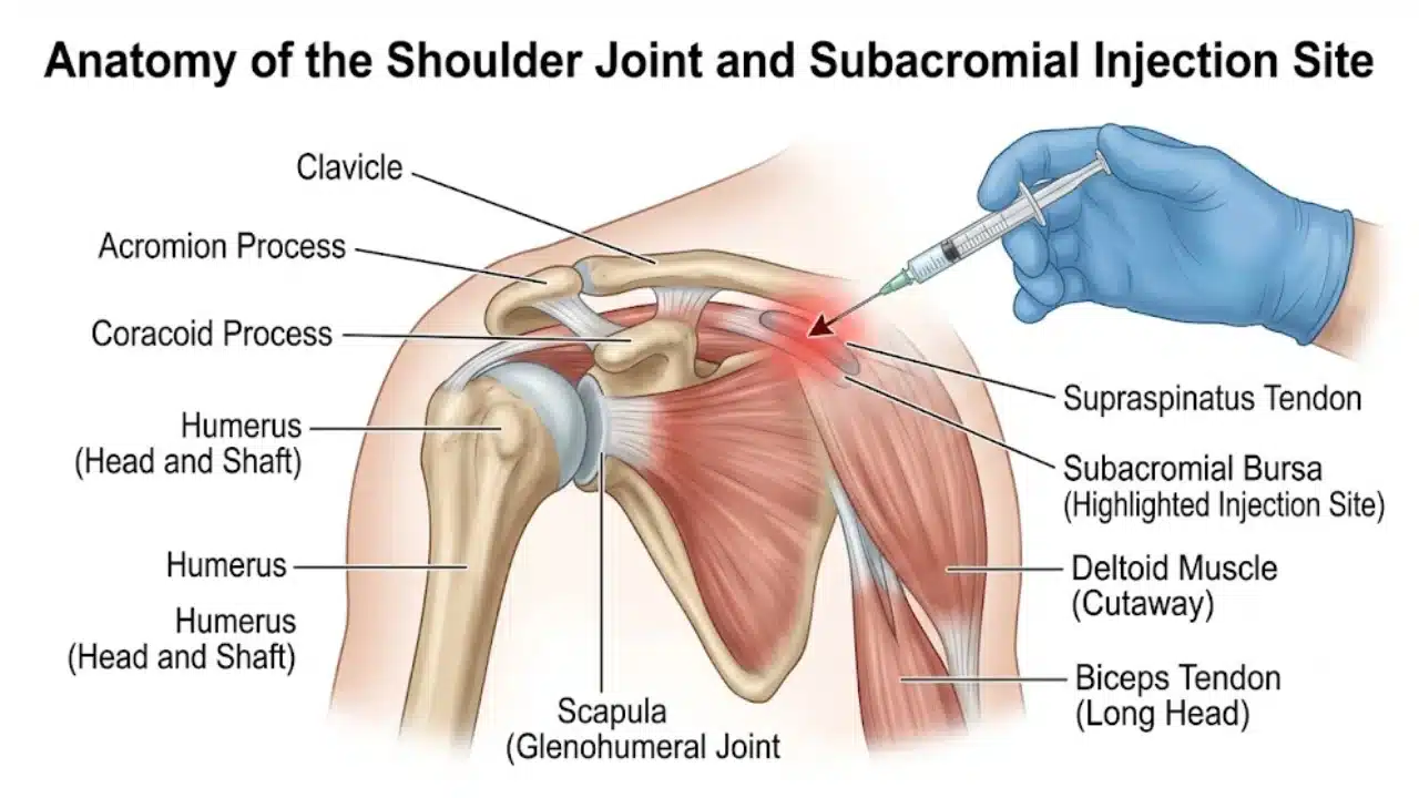How Do Shoulder Injections Restore Mobility and Reduce Pain? 1 Anatomical diagram showing how shoulder injections restore mobility and reduce pain at the joint and bursa