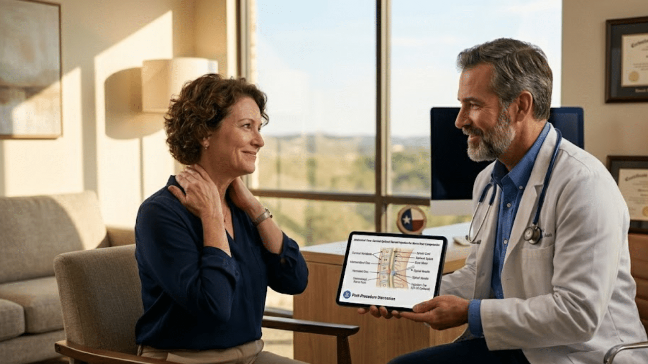 Patient with neck and arm pain consulting a doctor about a cervical epidural steroid injection