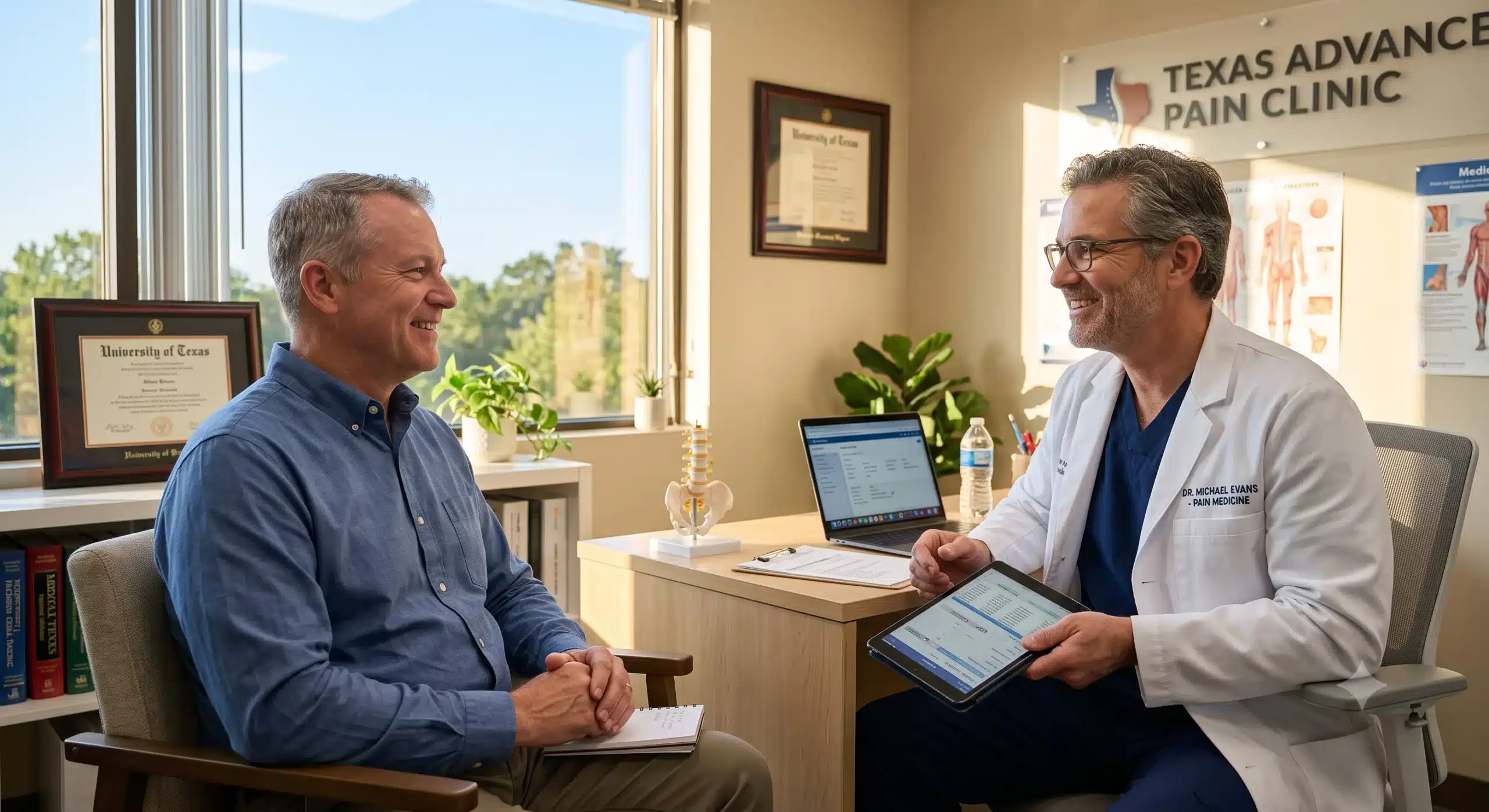  Patient discussing PRP therapy recovery with a pain management doctor in a Texas clinic