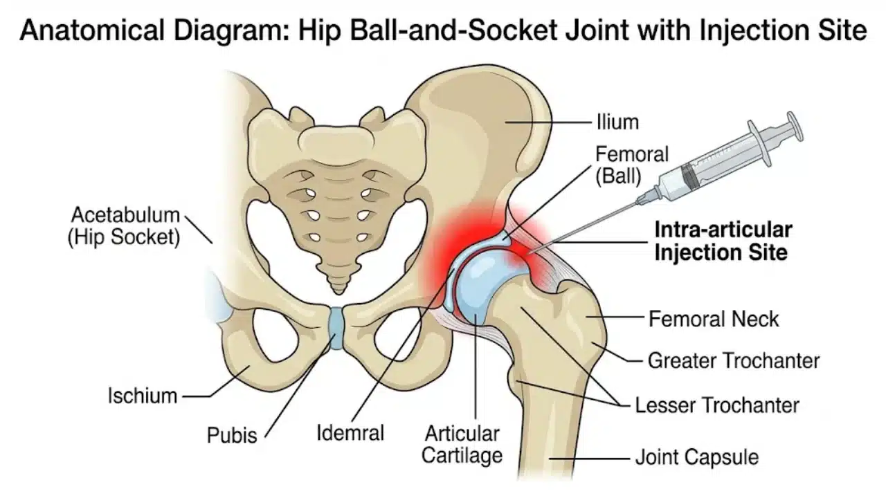 Are Hip Injections a Good Alternative to Hip Surgery? 1 Anatomical diagram showing the hip joint injection site used when hip injections are a good alternative to hip surgery