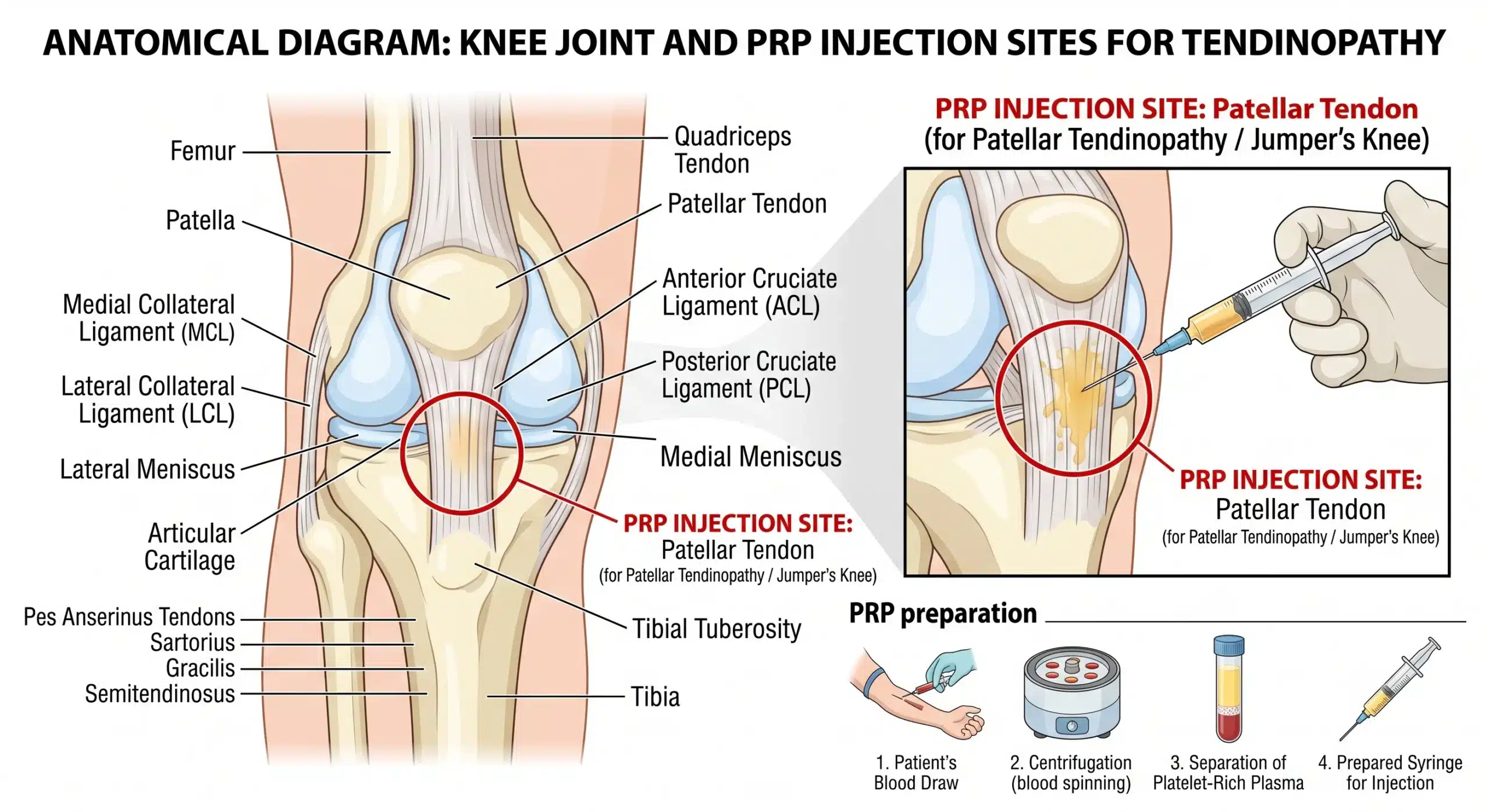 Anatomical diagram showing the PRP therapy injection site in a knee tendon and joint