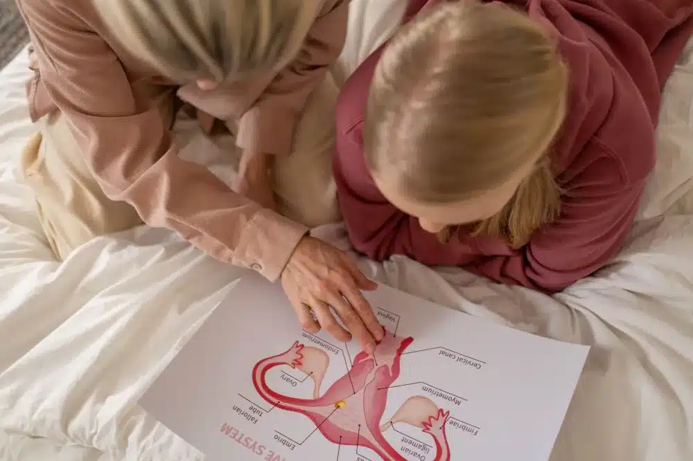 Illustrated diagram of hip joint anatomy showing bursa and surrounding structures